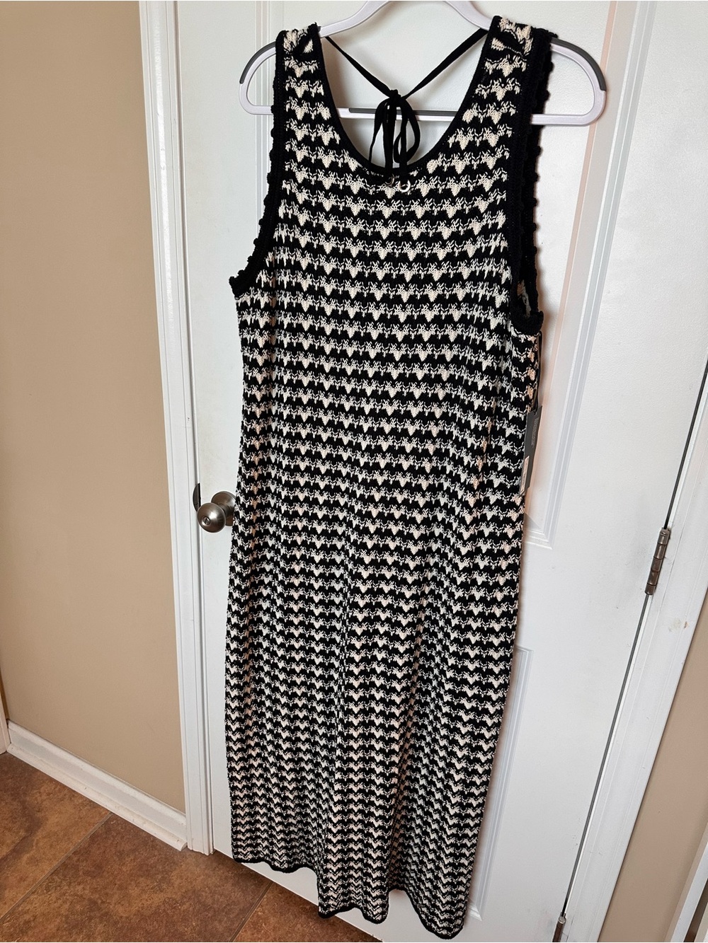 Black & White Knit Maxi Dress with Tie-Back Detail